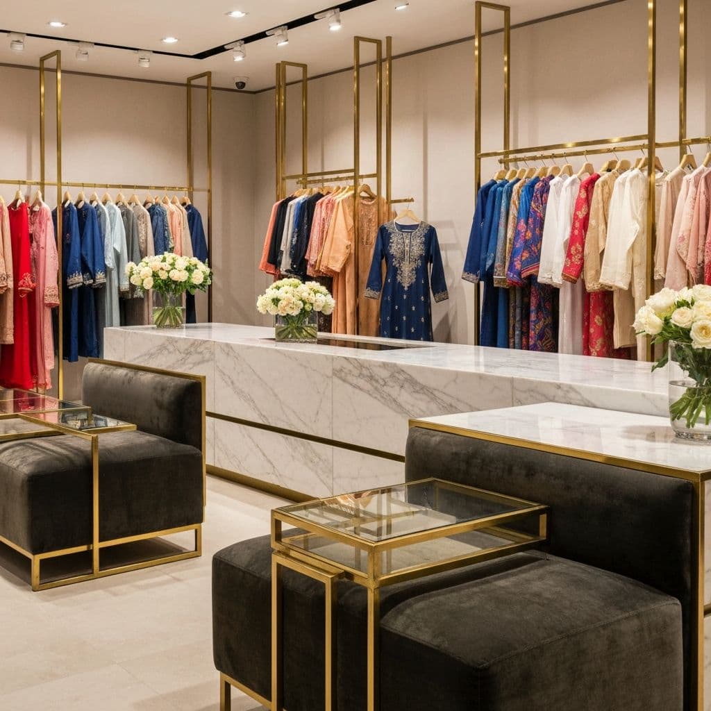 Ethnic Elegance luxury boutique interior with designer kurtas